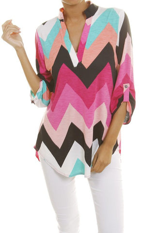 V NECK 3/4 SLEEVE CHEVRON PRINT TOP