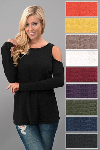 Cold Shoulder Knit Long Sleeve Solid Top