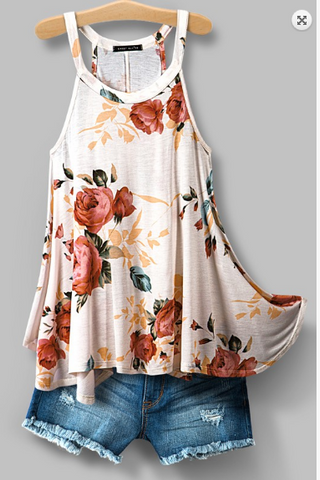 FLORAL PRINT RACER HIGH NECK ROMANTIC JERSEY FLOWY TOP
