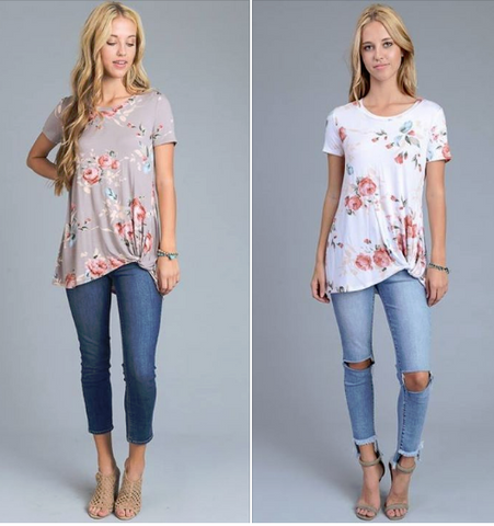 Floral print top with front knot.