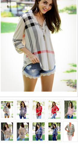 3/4 ROLL UP SLEEVE MANDARIN COLLAR PLAID PRINT BLOUSE